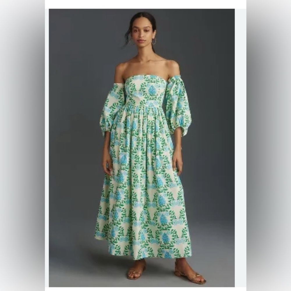Anthropologie Green and Blue Floral Off-Shoulder Maxi Dress